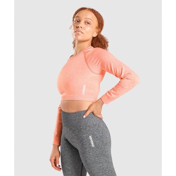 Gymshark Adapt Marl Orange Crop Top Long Sleeve Large Ruched Training Stretch - Picture 1 of 13